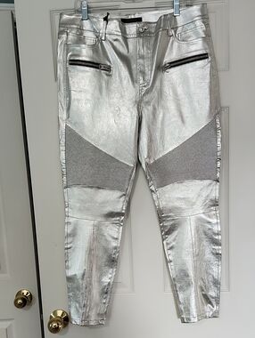 NWT All Saints Suri Biker Jean In Metallic Silver Size 12 US